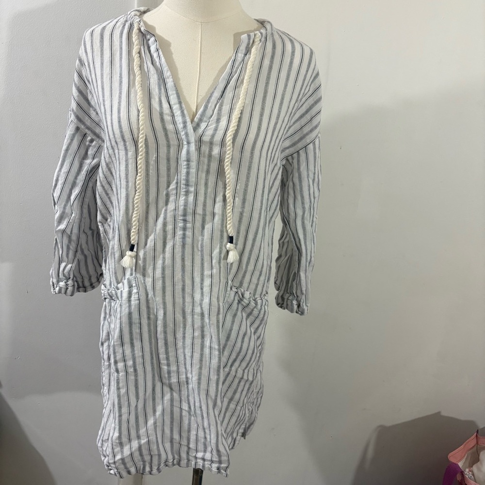J. Crew Beach Coverup Linen Blend Gray White Striped Women Sz XS Preppy Nautical